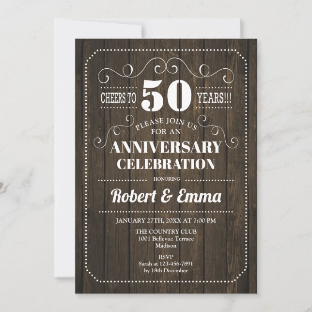 Invitación Fiesta de aniversario de bodas de madera rústica 5 (Anverso)