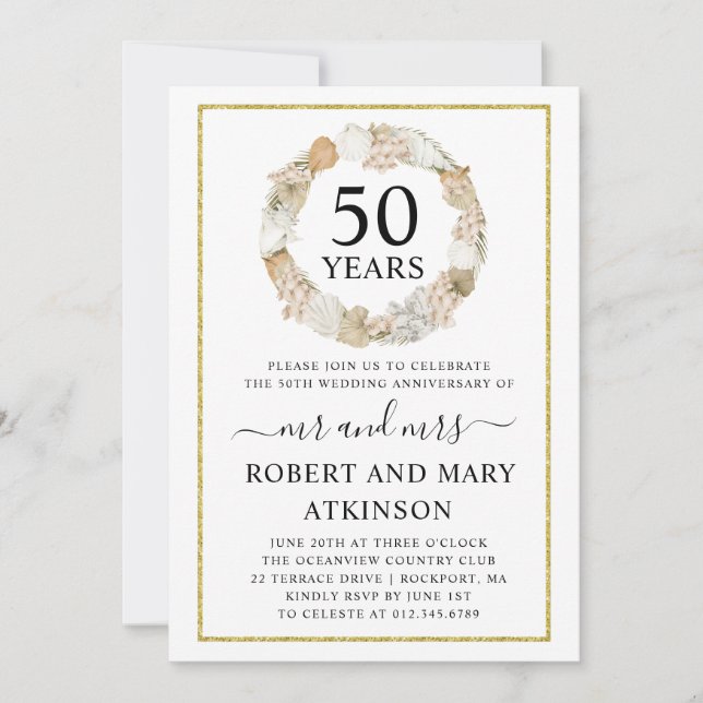 Invitación Fiesta de aniversario de bodas de oro Boho playa m (Anverso)