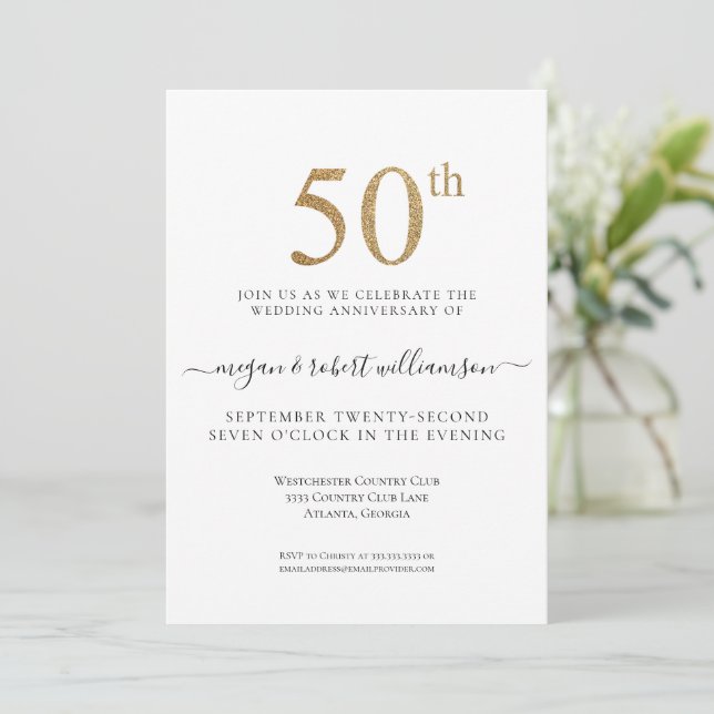 Invitación Fiesta de aniversario de bodas de oro con brillo d (Anverso de pie)