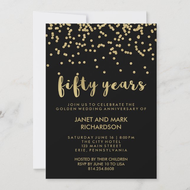 Invitación Fiesta de aniversario de bodas de oro con confeti  (Anverso)