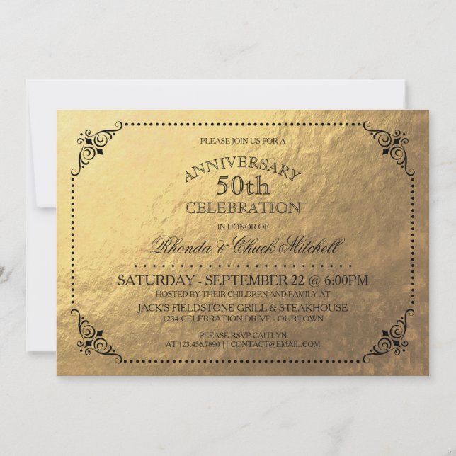 Invitación Fiesta de aniversario de bodas de oro elegante (Anverso)