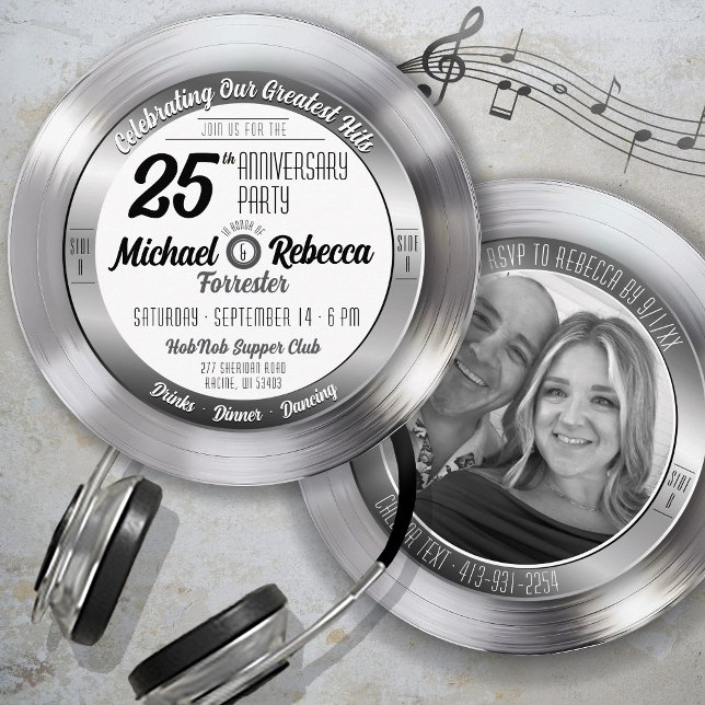 Invitación Fiesta de aniversario de bodas de plata Retro Silv (Retro Round Silver Record Photo 25th Wedding Anniversary Party Invitation)
