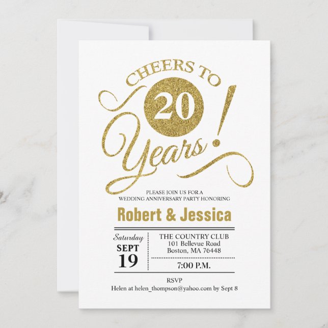 Invitación Fiesta de aniversario de bodas número 20 - Oro Bla (Anverso)