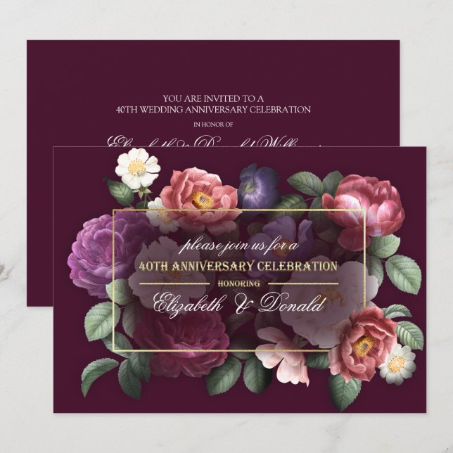 Invitación Fiesta de aniversario de bodas número 40 con flore (Anverso / Reverso)