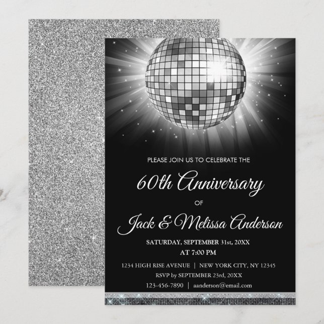 Invitación Fiesta de aniversario de bodas número 60 Bola de d (Anverso / Reverso)