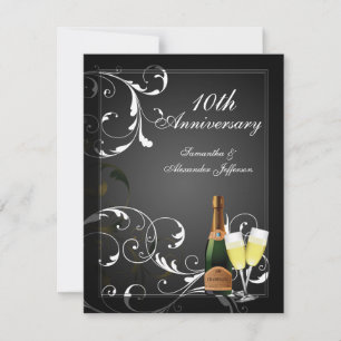 Invitación Fiesta de aniversario de Champagne de plata y negr