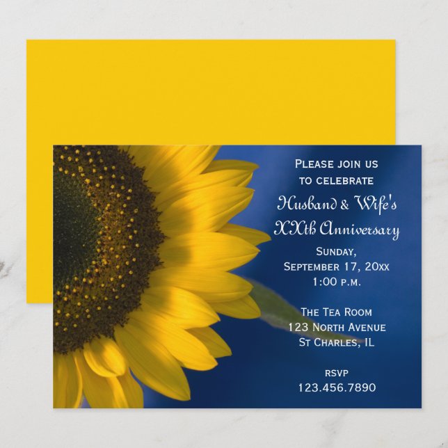 Invitación Fiesta de aniversario de girasol en Boda azul (Anverso / Reverso)