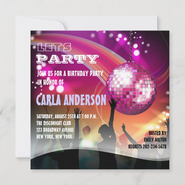 Invitación Fiesta de Aniversario de Glam de la Noche Disco/Ba (Anverso)