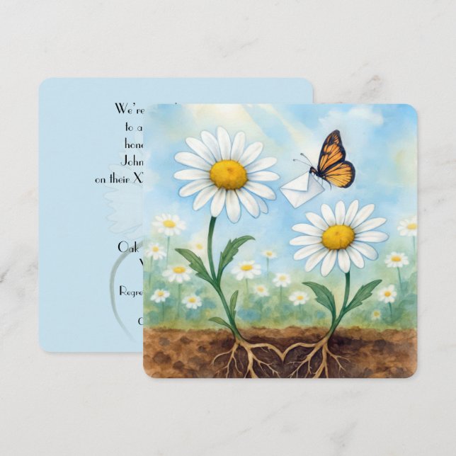 Invitación Fiesta de aniversario de margaritas y mariposas (Anverso / Reverso)