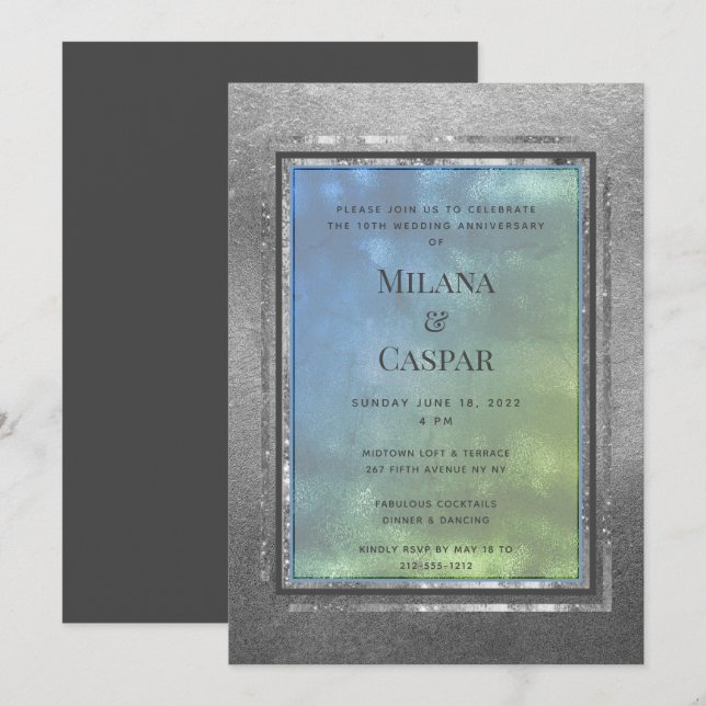 Invitación Fiesta de Aniversario de Opalo de Agua Plateada Re (Anverso / Reverso)