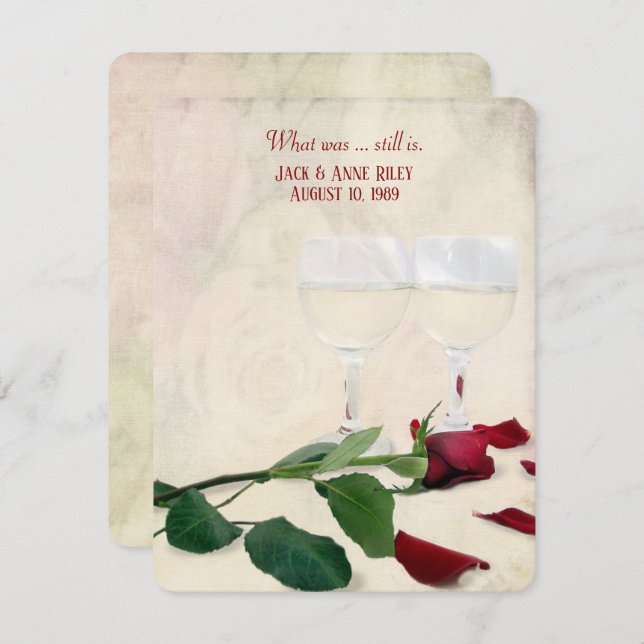 Invitación fiesta de aniversario de rosa roja y vino (Anverso / Reverso)