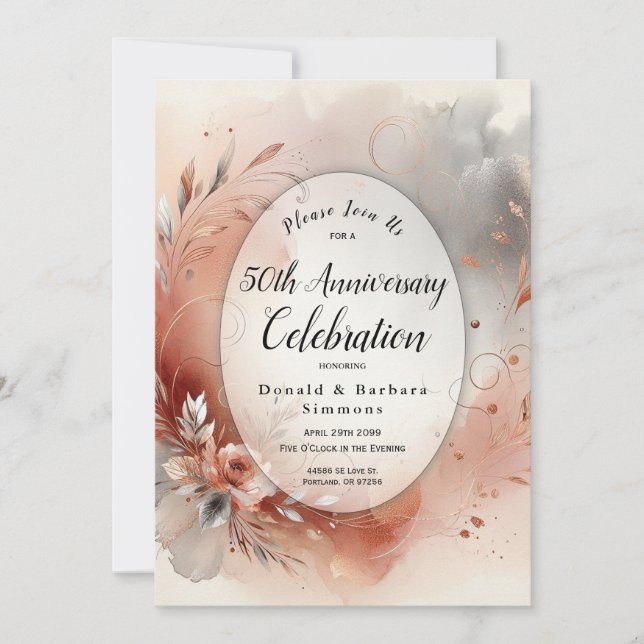Invitación Fiesta de aniversario de Silver Swirls Blushing Pe (Anverso)