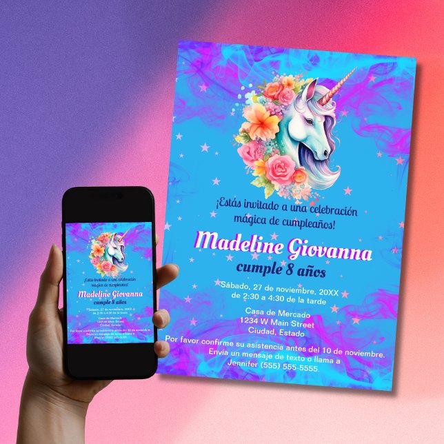 Invitación Fiesta De Aniversario De Unicornio Floral Española (Subido por el creador)