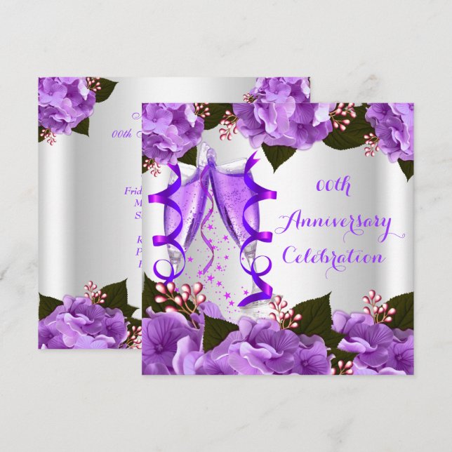 Invitación Fiesta de aniversario elegante con flores púrpuras (Anverso / Reverso)