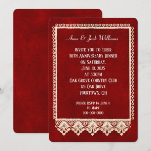 Invitación fiesta de aniversario encaje marco sobre rojo