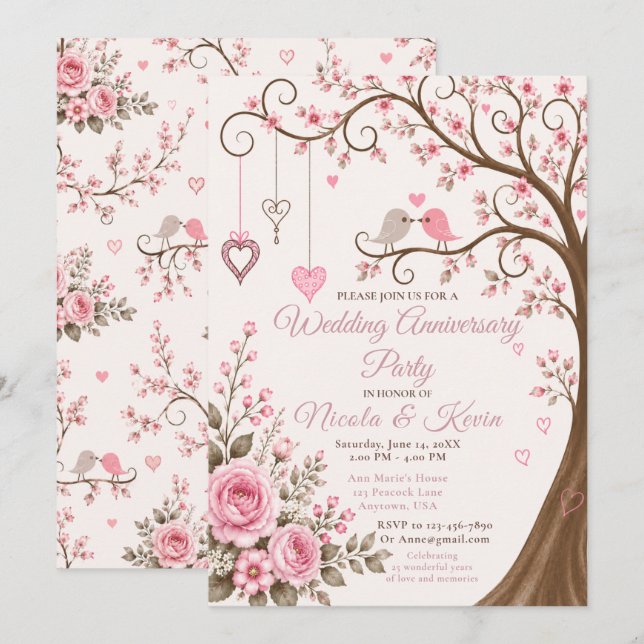 Invitación Fiesta de Aniversario Flor de Rosa Rosada (Anverso / Reverso)