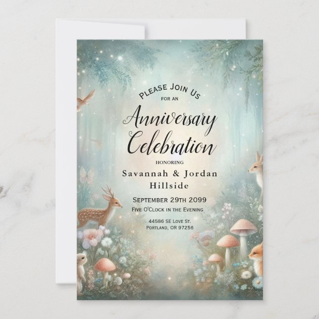 Invitación Fiesta de Aniversario Forestal verde azulado y Enc (Anverso)