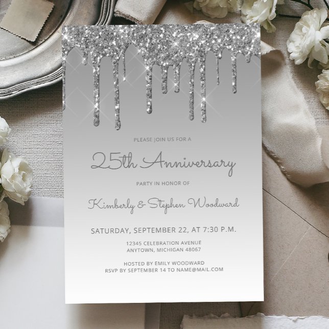 Invitación Fiesta de aniversario Glam Glitter Drip Silver 25 (Subido por el creador)