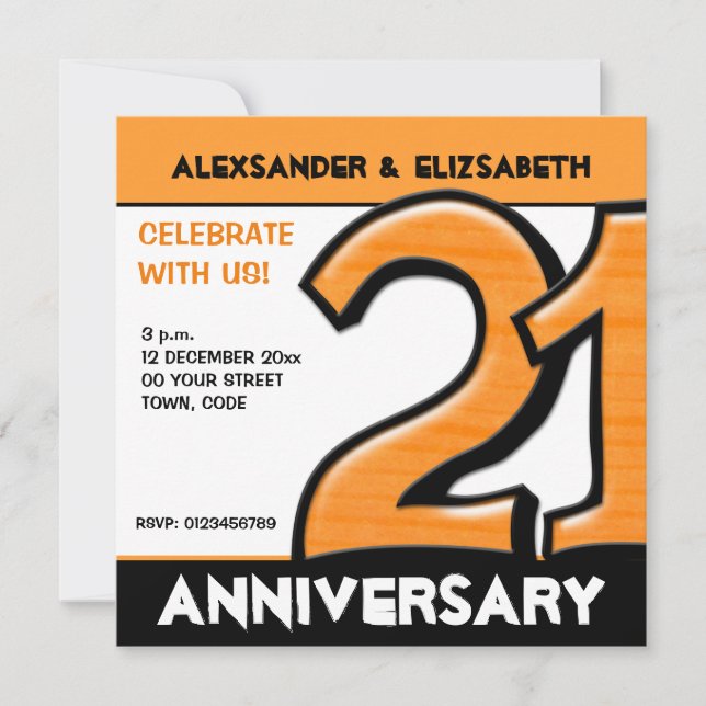 Invitación Fiesta de Aniversario naranja número 21 de Silly (Anverso)