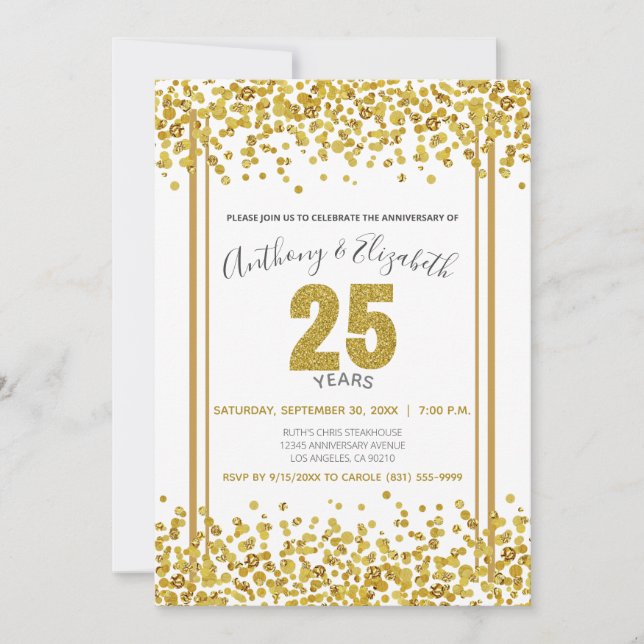 Invitación Fiesta de aniversario número 25 con confeti dorado (Anverso)