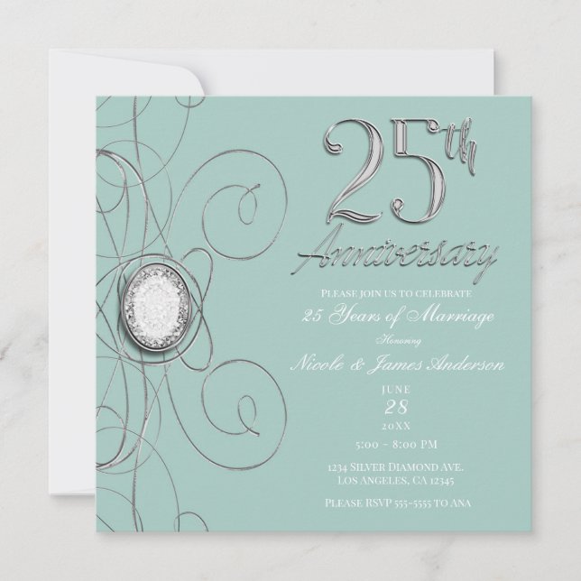 Invitación Fiesta de aniversario número 25 de Turquesa Plata  (Anverso)