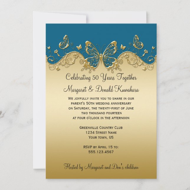 Invitación Fiesta de aniversario número 50 de mariposas turqu (Anverso)