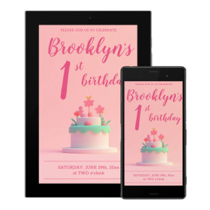 Invitación Fiesta De Aniversario Rosa Cute Invita Pastel Y Fl