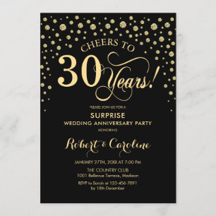 Invitación Fiesta de aniversario sorpresa 30 negro oro Elegan
