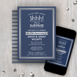 Invitación Fiesta de aniversario sorpresa azul marino blanco 