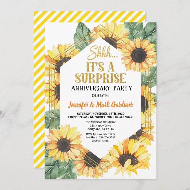 Invitación Fiesta de Aniversario Sorpresa de Girasoles (Anverso / Reverso)