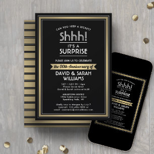Invitación Fiesta de aniversario sorpresa negro, blanco y dor