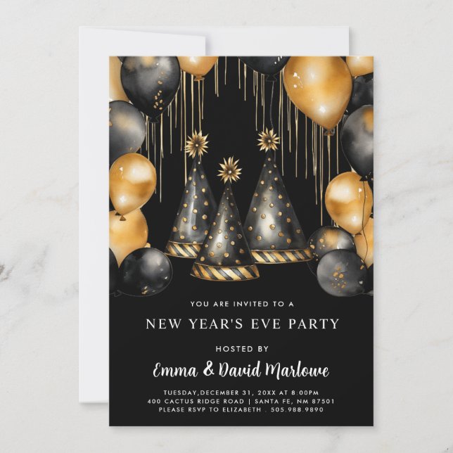 Invitación Fiesta de Año Nuevo 2025 Globos negros de oro (Anverso)