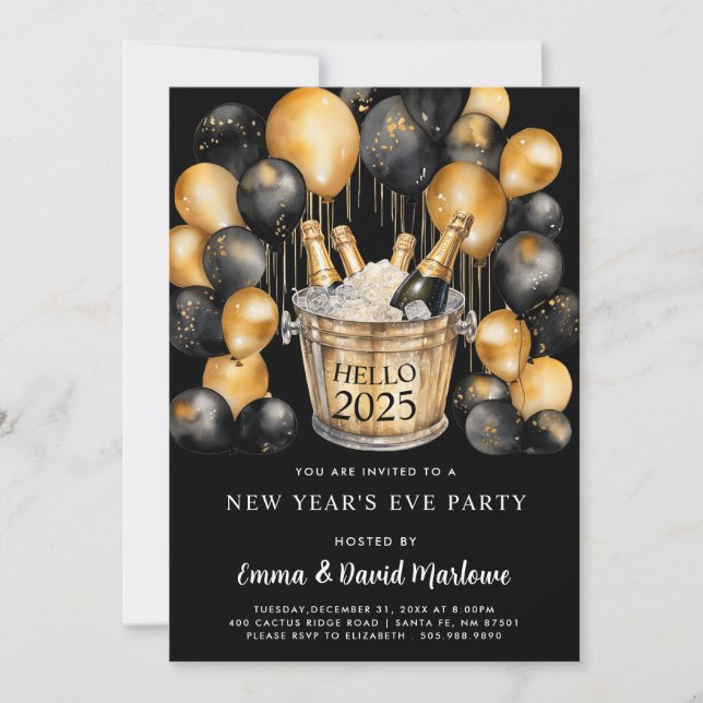 Invitación Fiesta de Año Nuevo 2025 Globos negros de oro (Anverso)