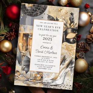 Invitación Fiesta de Año Nuevo 2025 Purpurina del Oro Negro