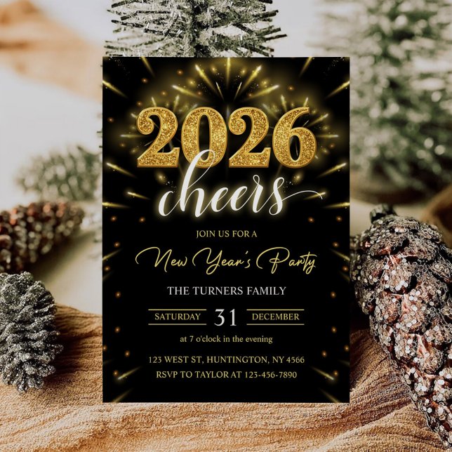 Invitación Fiesta de Año Nuevo 2026 Moderno Negro Oro (Subido por el creador)
