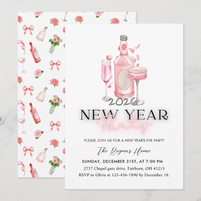 Invitación Fiesta de Año Nuevo 2026 Rosa Caprichosa (Anverso / Reverso)