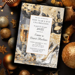 Invitación Fiesta de Año Nuevo acuarela Purpurina de oro