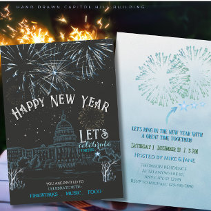 Invitación Fiesta de Año Nuevo Azul Hielo con Capital de Fueg