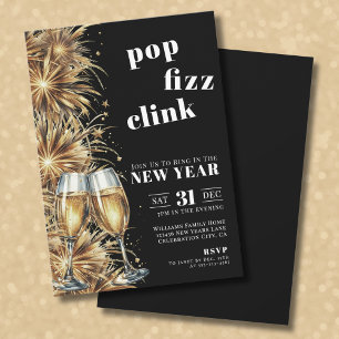 Invitación Fiesta de Año Nuevo Black Gold Champagne Pop