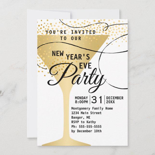 Invitación Fiesta de Año Nuevo Blanco Confetti de cristal de  (Anverso)