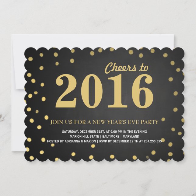 Invitación Fiesta de Año Nuevo Chalkboard Gold Confetti 2016 (Anverso)