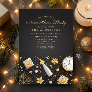 Invitación Fiesta de Año Nuevo Champagne Confetti Dorado Negr