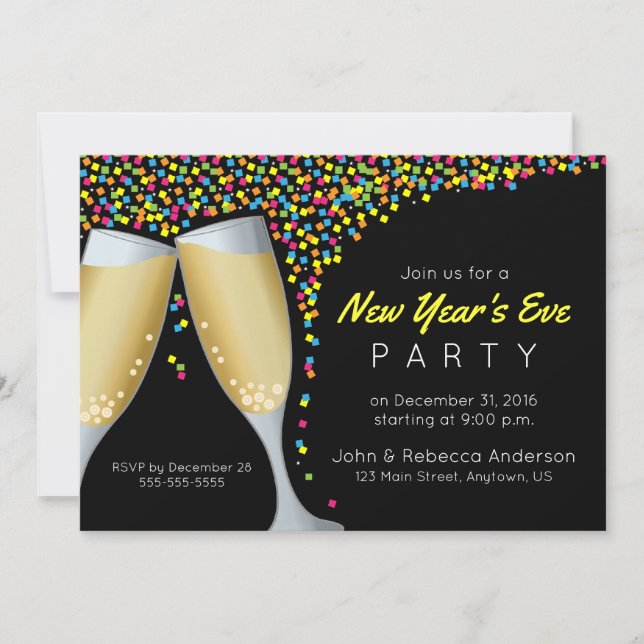 Invitación Fiesta de Año Nuevo Champagne y Confetti invitan (Anverso)