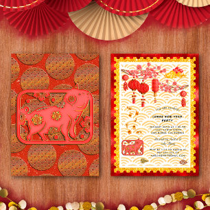 Invitación Fiesta de Año Nuevo Chino del Cerdo de Oro Rojo