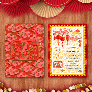 Invitación Fiesta de Año Nuevo Chino del Mono de Oro Rojo