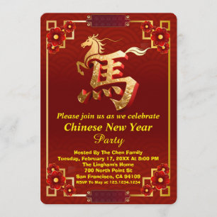 Invitación Fiesta de Año Nuevo Chino Rojo Caballo de Oro Pers