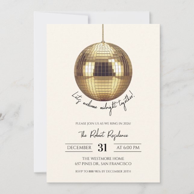 Invitación Fiesta de Año Nuevo con bola de discoteca (Anverso)