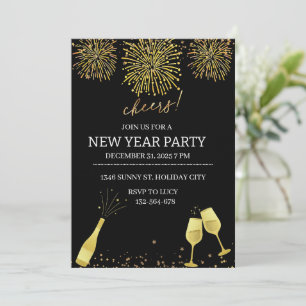 Invitación Fiesta de Año Nuevo con Champagne y Fuegos Artific