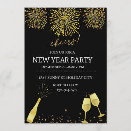 Invitación Fiesta de Año Nuevo con Champagne y Fuegos Artific