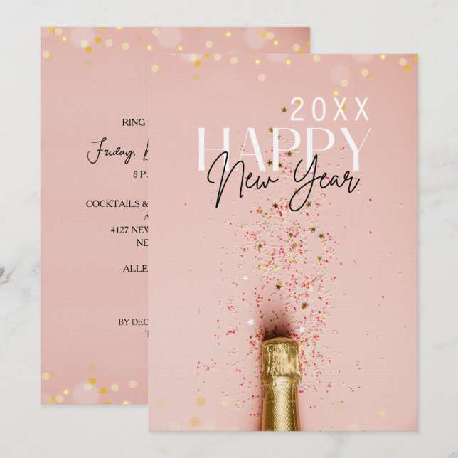 Invitación Fiesta de Año Nuevo con champán rosa (Anverso / Reverso)